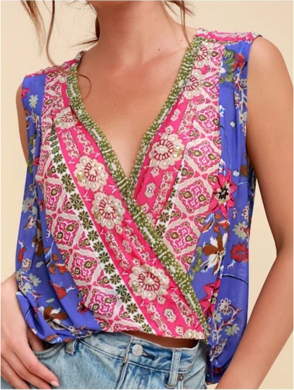 Free people Havana Whimsical Floral Print Sleeveless Surplice Tank Top size XS
